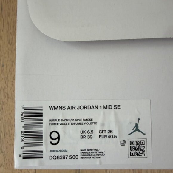 Excellent Nike Air Jordan 1 Mid SE Purple Smoke Mid Velvet High Top Sz 9 EU 40.5 - Picture 8 of 8